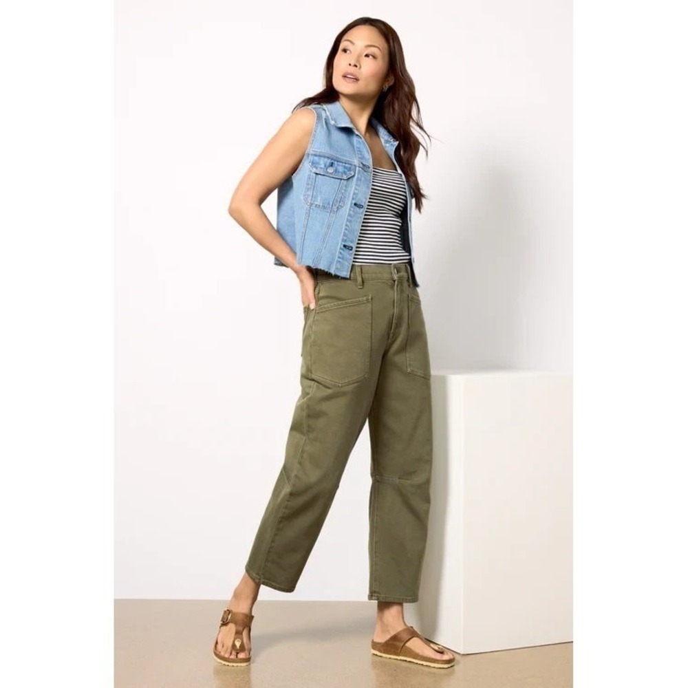New Evereve CORA High Waist Relaxed Bow Leg Barrel Olive Denim Jeans Women 25
